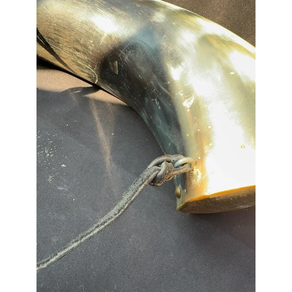 Vintage Black Powder Cow Horn Powder Horn Flask w/ Horn Charger Leather Strap